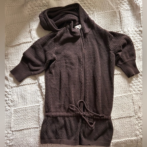 Y2K BCBGeneration Crochet Short Sleeve Brown Hooded Cardigan - Picture 1 of 5